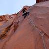 Mike just past the lower crux and ready to head into the handcrack before the offwidth.