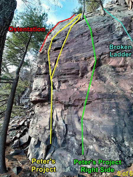 The right crack of Peter's Project is probably the easiest, but the left crack is preferred by some. The route police don't seem to care what line you take on the upper halves of these routes.