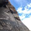 Chad just entering the crux on Pitch 2