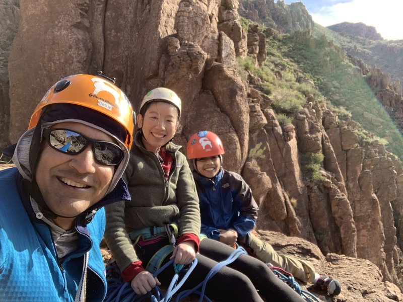 Happy people climb! On top of the Trident!