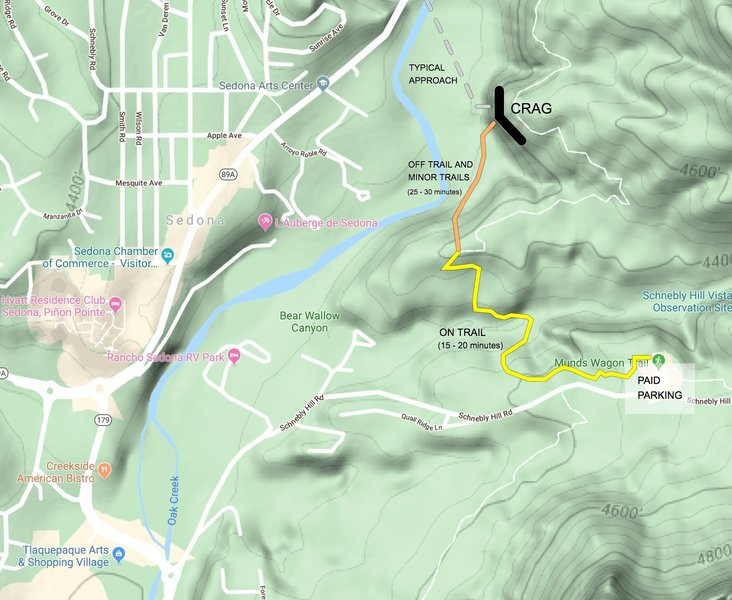 Alternate approach using the Huckaby hiking trail, in case the water level in Oak Creek is too high to cross. Goes off-trail at lat/long 34.868938, -111.754062. See comment for more details.