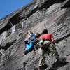 Laur and Mike running the second pitch of Beyond Hell, Above Heaven on gear.  Butt Monkeys dihedrals just visible left side of frame.  Photo cred Bill Thompson