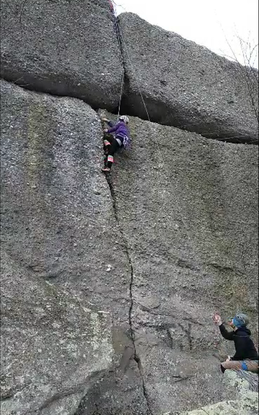 Belaying Kristen up Curt's Crack.