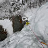 Katie Vannicola near the top of P2 crux. Feb 2, 2020.