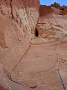 Looking up the crux pitch, about 15ft overhung