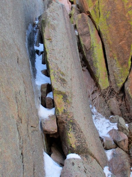 Icy pitch 1 chimney. We climbed to the right, which was less icy and more protectable.