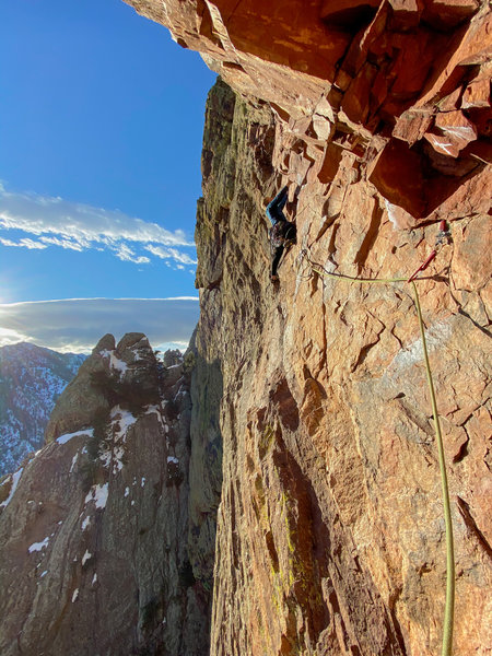 Late afternoon sun warming up the 6th pitch of Ruper in February.
<br>

<br>
Photo by Mike DeGuire.