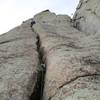 The wide crack at the start of pitch 2. You could also link this part into pitch 1, but the belay stance at the top of pitch 1 would then be much less comfortable.