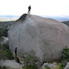 A view of the whole boulder.  5.7 slab to set up a TR is by the small tree on the right side of the picture.