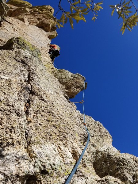 First pitch of Hell is For Heroes on the arete.