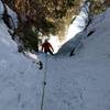 3/8/20 Jeremy near the top of Cascade Falls. View from the top of the gully belay station, next to trail.