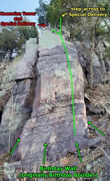 Birthday Boulder aka Birthday Wall. Climb several ways to the large ledge where the dihedrals of Caesarian Tower and Special Delivery routes begin. Or climb higher up the spire on the right side and do a cool step-across to Special Delivery.