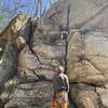 Harry working into the upper flake at Triceps Wall.