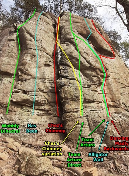 Wobbly Dihedral to Dancing Madly Backwards. Near the top of the access trail from the road, these are some of the most popular routes at Old Sandstone.