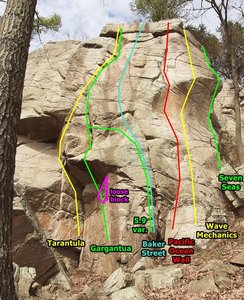 Tarantula to Seven Seas.
<br>
The loose block on Gargantua has always been loose, but recent comments suggest it has been getting looser over the years. Belaying off to the side seems to be the wise choice.
