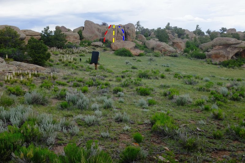 Lil Hueco Boulder. Left V2 arete, middle V2 sit/ V0 stand, and V4 right arete.