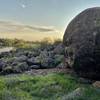 East face of Spicy Meatball Boulder showing Heat Up The Olive Oil Nonna and the easy road access from HWY 49