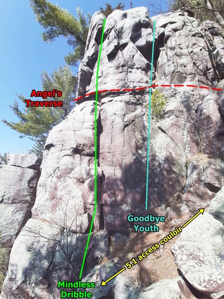 This version of Mindless Dribble links up well with Dippy Diagonal. Swartling's version goes up a dirty crack on the left (west) side of the buttress. Anyone really know where Angel's Traverse is? The red line is the only location that makes sense to me.