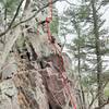 Great Mass in C Minor climbs a pretty obvious crack up to the first ledge, then there seems to be several ways to attack the middle ledges/cracks. The red line is the way I climbed it, staying more right on outside corners than on the inside corners.