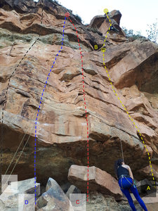 A- Rebel music 5.11a<br>
B- Rebel music extension 5.12<br>
C- Los angeles de charles 5.10c<br>
D- Musica para camaleones 5.9<br>
E- Acido galactico 5.11c