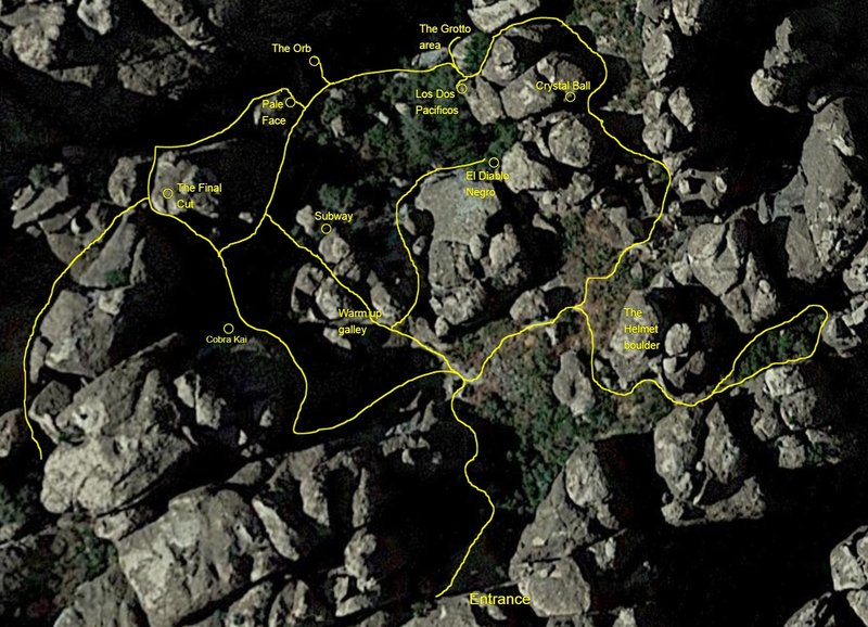 Overview of the climber trails in The Cemetery. Note that some of these trails are very overgrown.