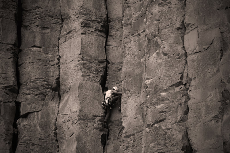 Yours truly at the crux of the left crack.