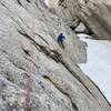 Short pitch to avoid post holing through the soft snow field guarding the approach gully.