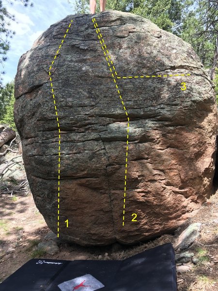 Right side of Solitary Spirit. Routes below are my attempt at finding routes from the Gillet guide, plus an added unknown line and a variation to Seldom Seen.
<br>

<br>
1) unknown, V2.
<br>
2) Seldom Seen, V1.
<br>
3) Seldom Seen, V0 variation.