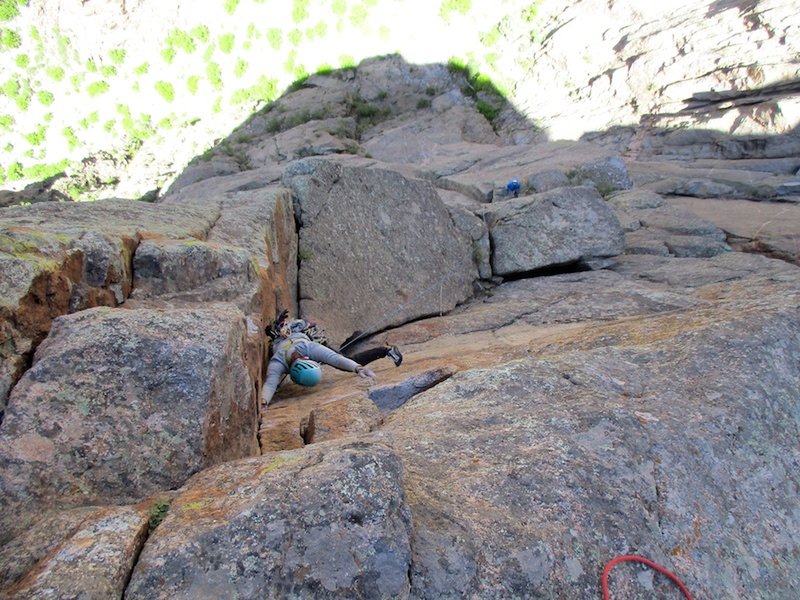 A climber on the pitch below Lightning Bolt Ledge.