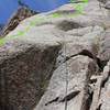 High Noon on the Shangri-La slab, photo taken from the (shadey) belay available for a 60m rope.