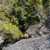 Austin passing the narrow crux, you'll know you're their when your helmet doesn't fit.