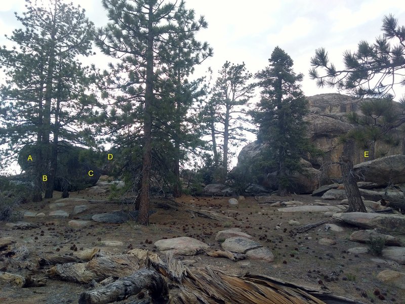 Free Beer Area from the east, Holcomb Valley
<br>

<br>
A. King Rock
<br>
B. Beer is Food  Too Boulder
<br>
C. Beer Boulder
<br>
D. Free Beer Corridor
<br>
E. Fall Of Man Wall