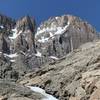 Teeter Totter Pillar is the prominent pillar directly left of The Notch couloir.