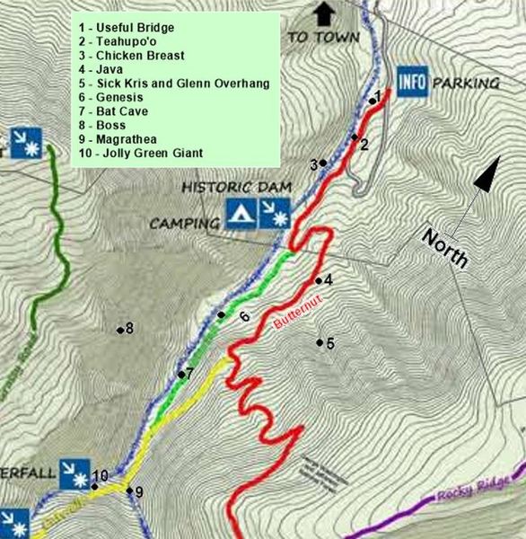 Overlay of approximate boulder locations on Mill Creek Nature Park trail map. (**Nelg and Clints area are under the list of boulders**)