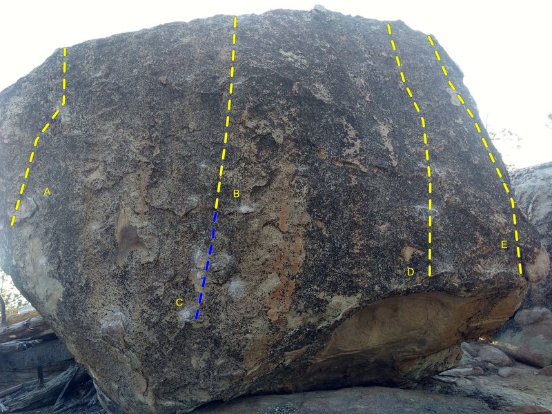 King Rock (East Face), Holcomb Valley
<br>

<br>
A. Heady Topper (V2)
<br>
B. Beer for Free (stand) (V1+)
<br>
C. Beer for Free (sit) (V5)
<br>
D. Beer Barfs (V3)
<br>
E. Beer for All (V0-)