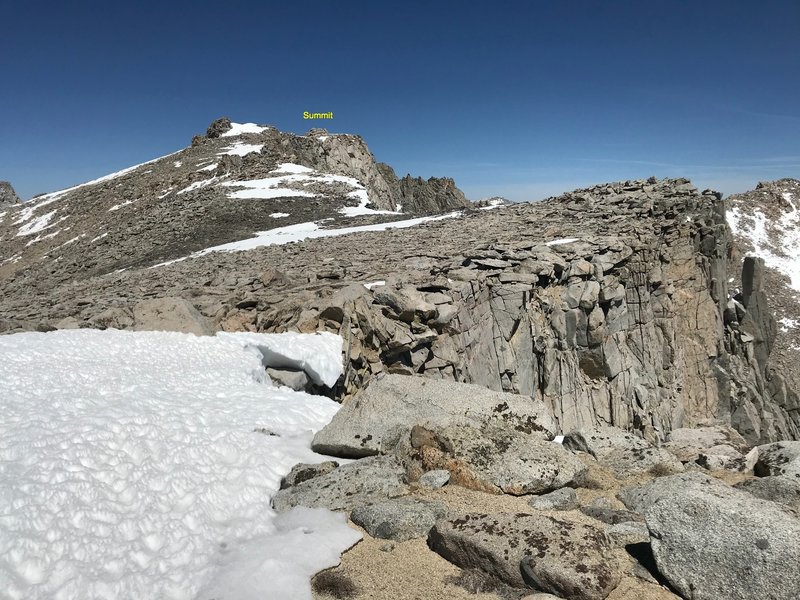 Looking to the summit from above Harrington & Smrz couloirs.