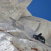 An unknown party on The Flying Buttress as seen from the top of p2 of NB (7/04/20)