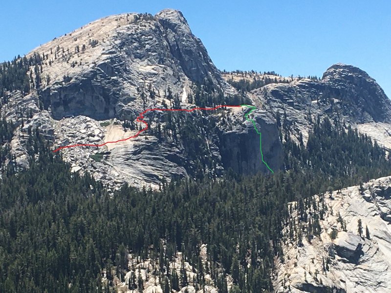 Basic route and descent overlay for Oz. Green is route, red is walk off. Don't follow cairns to climber's right after downclimbing!