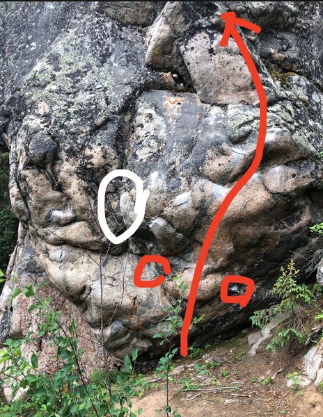 The red circles indicate starting holds. Using the jug in white circle is off route for full points - maybe V4 using this jug. This eliminate is totally worth doing though!