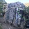 East face of Jarem's boulder.
<br>
rBGH (Orange)
<br>
Dihedral (Yellow)
<br>
Down climb (Blue)