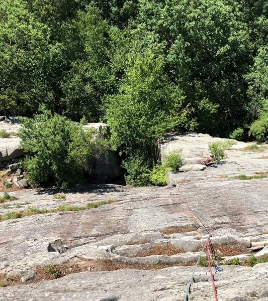 Roughly 25ft runout in the middle of the second pitch. Pretty straightforward climbing though and gear is solid, albeit small.