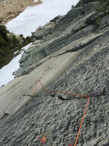 Looking down at the slab traverse and finger crack on P2.