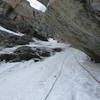 First pitch of the Black Ice Couloir, about ready to start simul-climbing, July 22, 2020.