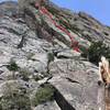 An approximate view of the first two pitches of Progression. The ovals are the belays. Easy 4th Class scramble to the first belay.