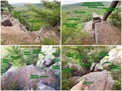 Top of Many Pines.
<br>

<br>
You can anchor several routes on the pointy end of the triangle rock or on the ledge below it (as is visible for Ostentation.)
<br>

<br>
You can avoid rope drag from the narrow crack on Michael's by setting the rope real close to No Trump.