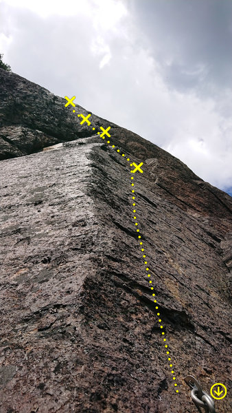 Belay station at the top of pitch 1 and view on pitch 2