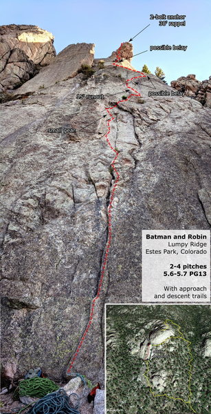 A topo for Batman and Robin. Variation in pitches and grades reflects community opinions. Additional descent routes not pictured.
<br>

<br>
Photo by Tim Meehan, inset from Google Earth (www.google.com/help/terms_maps/).