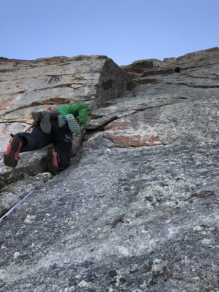 Justen following the second 5.12 alternate pitch after hanging gear belay.