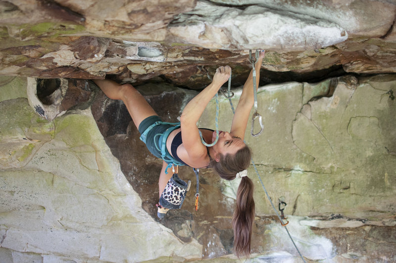 Danielle Maughon practicing inverted clipping stances on Solstice (12a).
<br>

<br>
Climber: @daniellemaughon
<br>
Photo: @phat_phil21