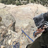 Belay stance on top of the hard pitch. Wake up early to avoid the crowds on this route!